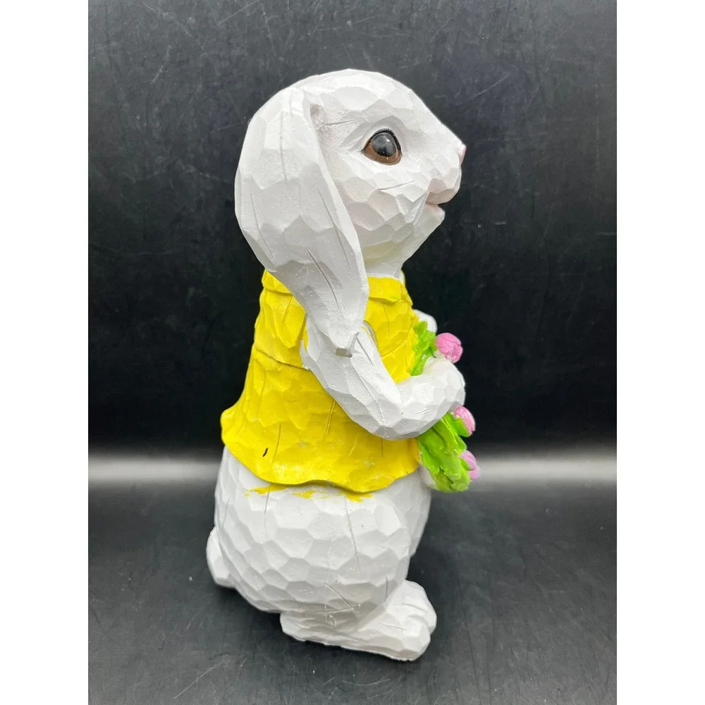 Hello Spring Easter Bunny Figurine White Rabbit Resin‎ Floral Tulip Wreath 8.5